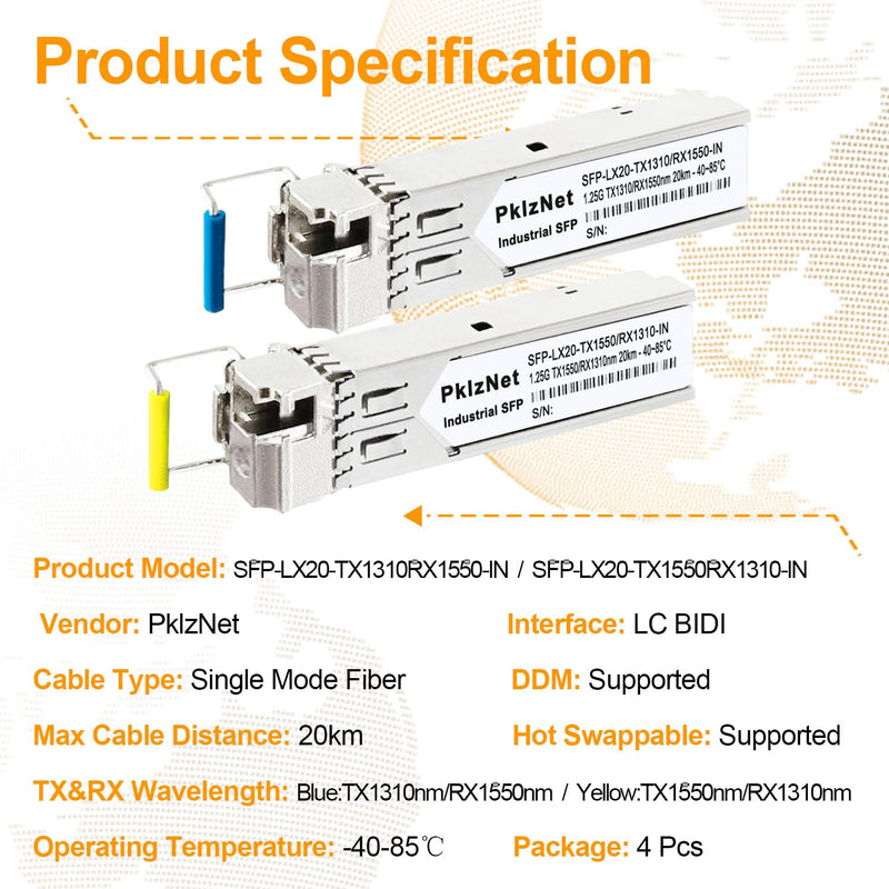 4Pcs 1.25G BIDI Industrial SFP Single Mode SM1310&1550nm LX 20km Fiber DDM 1.25G BIDI: 20km