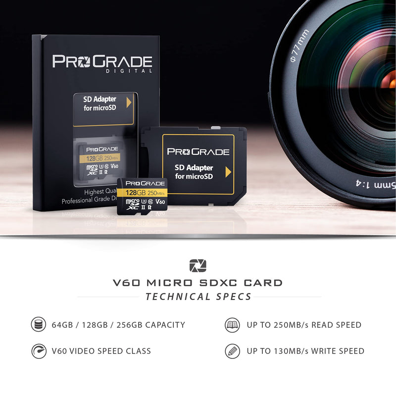 ProGrade Digital microSD Memory Card - V60 microSD Card for DSLR and Action Cameras - High Speed Transfer of Files & Large Storage - Up to 250MB/s Read and 130MB/s Write Speed 128 GB 128GB