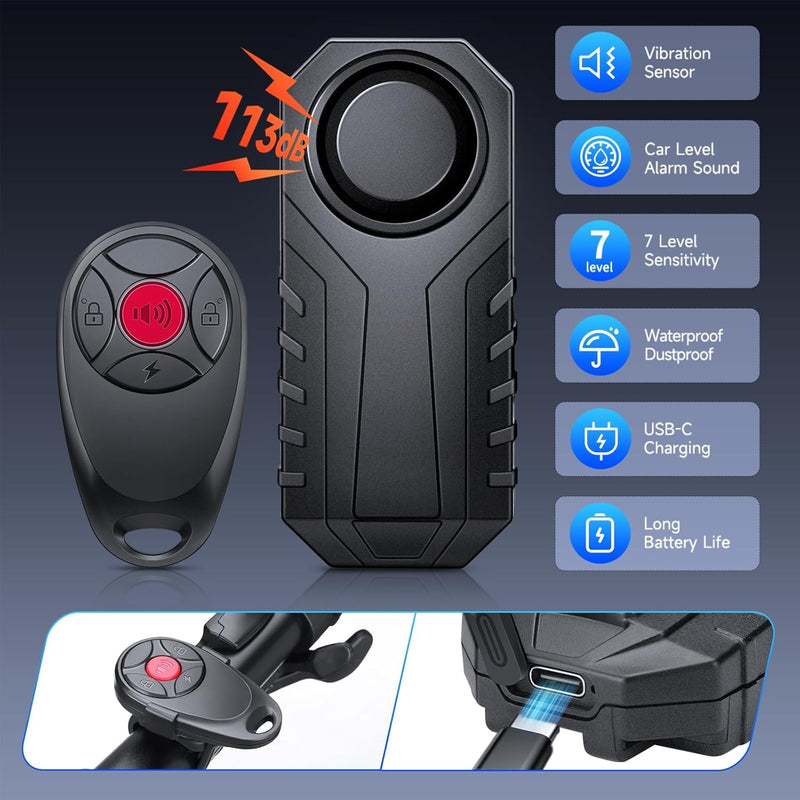 [AUSTRALIA] - 110dB Loud Anti Theft Vibration Sensor Alarm Systems for Electric Bike Motorcycle Golf Car Trailer Mailbox Garage Door Waterproof Home Security Bike Accessories Bike Alarm with Remote 