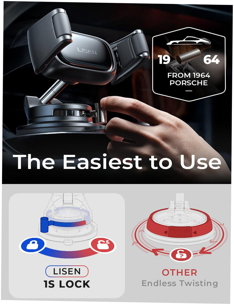 LISEN Suction Phone Mount for Car, [Ultra Suction & 95% Cases Friendly] Car Phone Holder Mount Vacuum Dashboard Phone Holder, Car Cell Phone Holder for iPhone 17 16 15 14 Pro Max Air Galaxy S26 S25