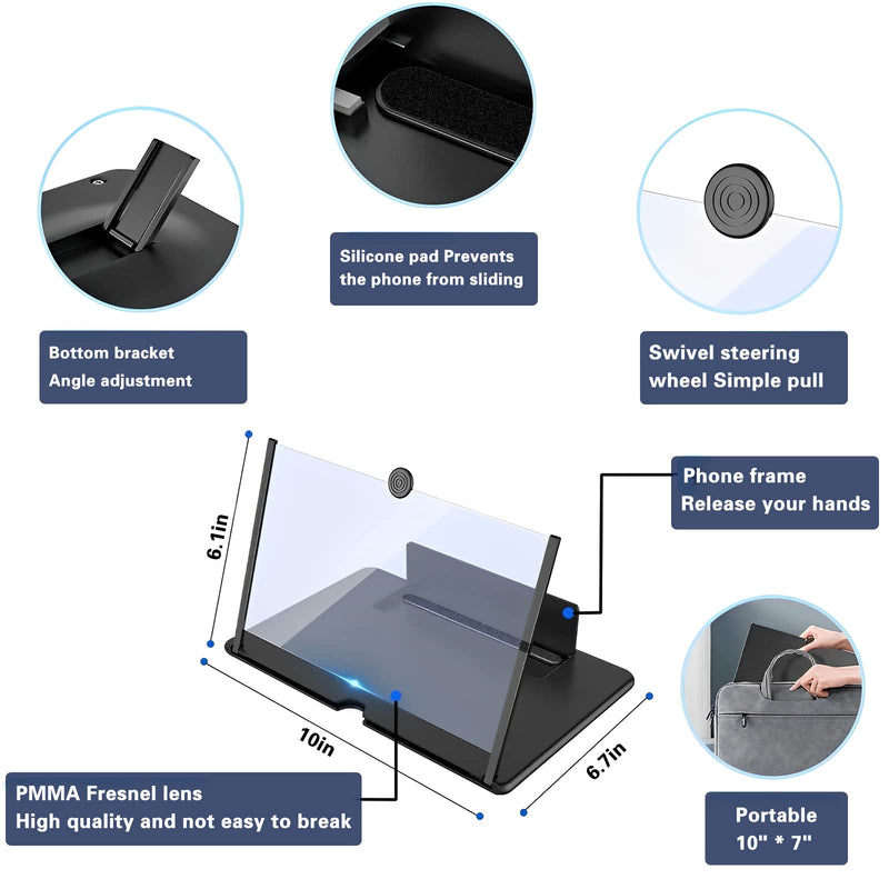 12" Screen Magnifier for Smartphone 3D HD Mobile Phone Screen Magnifier Video Expandable HD Screen Foldable for Watching Movies Videos, Playing Games, for All Smartphones（Black） 12"