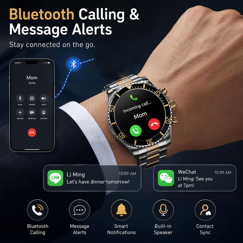 findtime Smart Watch for Android Phones Answer Make Calls SMS Reminder Smartwatch Compatible iPhone Bluetooth Stainless Steel Fitness Watch Men Smart Watches for Men Reloj Inteligente black gold