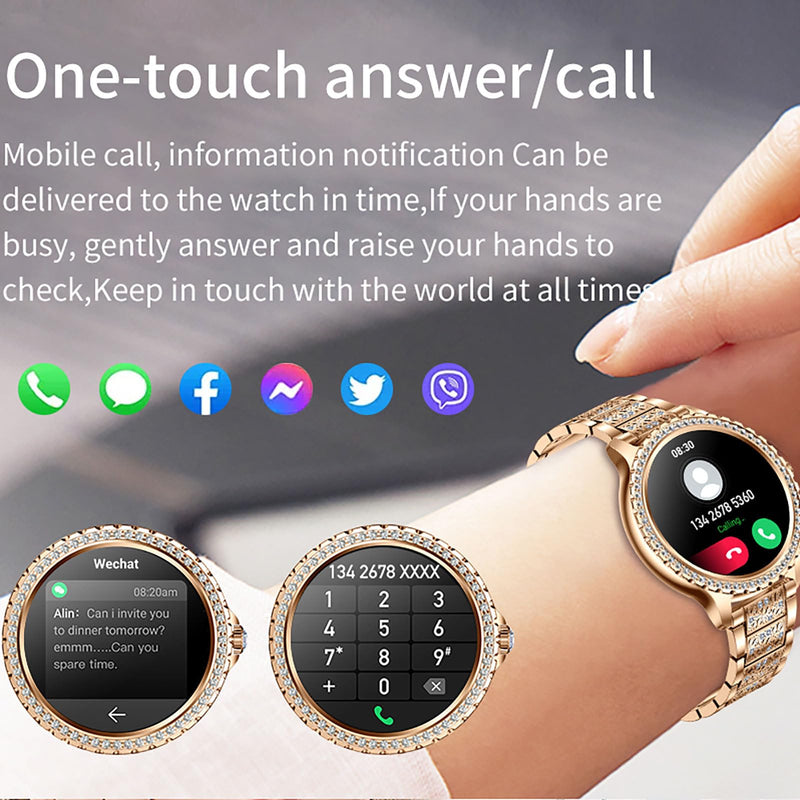 Yihou Luxury Gold Smart Watches for Women, Diamond Round Designer Fitness Tracker Smartwatch for Android iOS Phones with Make/Answer Call Sleep Monitor