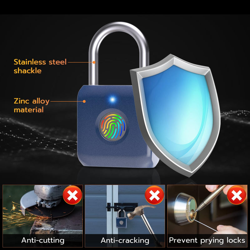 Pothunder Fingerprint Padlock, Smart Padlock, Locker Lock, Biometric Metal Keyless Fingerprint Lock, USB Rechargeable, for Gym Locker, Luggage, Backpack(Blue) Blue