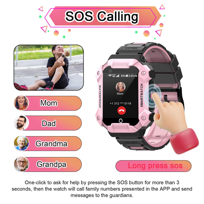 4G GPS Smart Watch for Kids with SIM Card, 1.4" Touch Screen Kids Smartwatch for Boys Girls Gift, Phone Watch with Video Calls/Voice Chat/Camera/Music/Alarm/SOS/Pedometer(T-Pink) Pink
