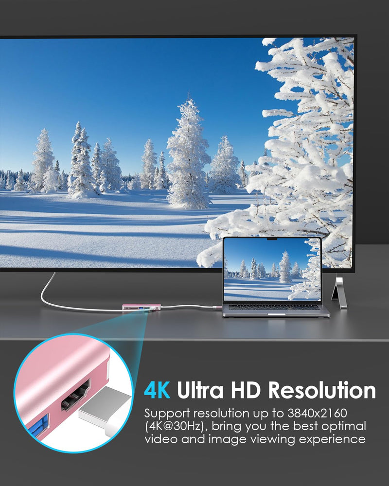 LENTION 6-in-1 USB-C Hub, 2 USB3.0, 4K@30Hz, Ethernet, Card Reader, 100W PD | Ideal for Work & Study, Stable Driver 3.0 Certified, Compatible with macOS, iOS/iPadOS, Windows & ChromeOS (C68, Rose Gold)