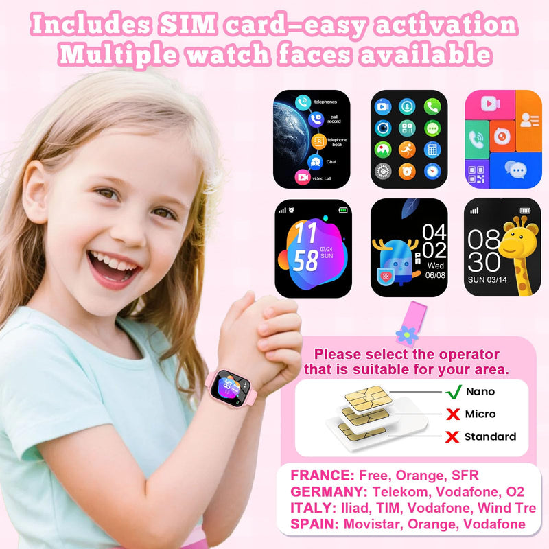 4G Kids Smart Watch for Boys Girls GPS Tracker, Children Watches Phone Call | Smartwatch Phone Gifts for Teens Toddler Ages 4-12 Years with SIM Card Video & Voice Call SOS, Parental APP, Class Mode Light Pink