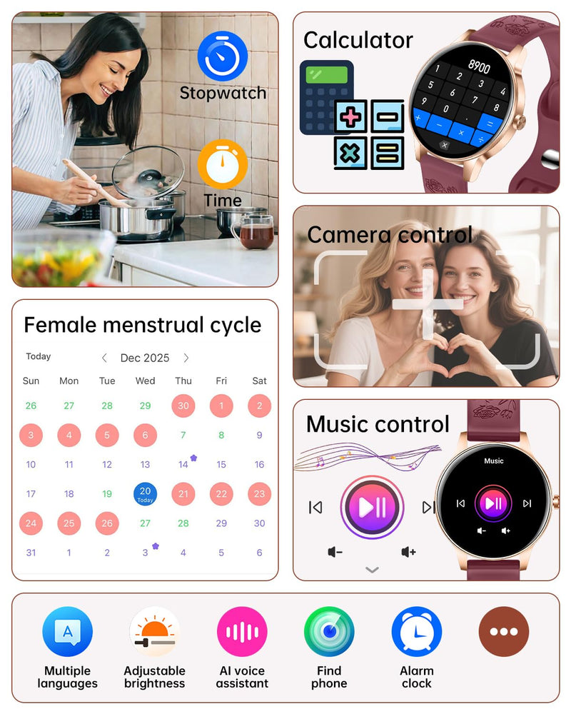 Smart Watch for Women(Answer/Make Call), 1.27'' Fitness Activity Tracker Watch with 130+ Sports Modes, Heart Rate Sleep Monitor, Pedometer, 41mm Smartwatch for Android iPhone Compatible (ROUND) Burgundy