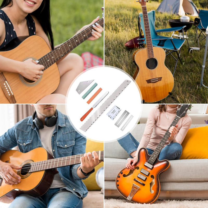 Guitar Neck Notched Straight Edge Luthiers Tool with Guitar Fret File, Fret Rocker, Fingerboard Guards Protectors and Grinding Stones for Gibson 24.75" and Fender 25.5" Electric Guitars