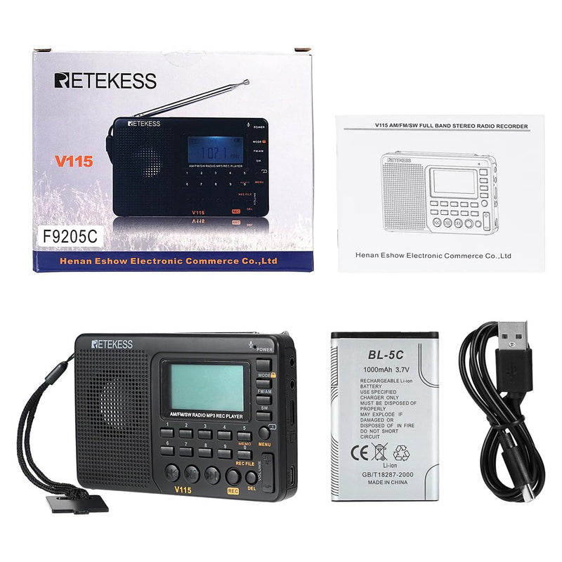 Retekess V115 Shortwave Radio, Digital Radio AM FM, Shortwave Receiver with 1000mAh Rechargeable Battery, Presets, TF/AUX Playback and Recording, Bass Speaker, for Camping AM FM SW
