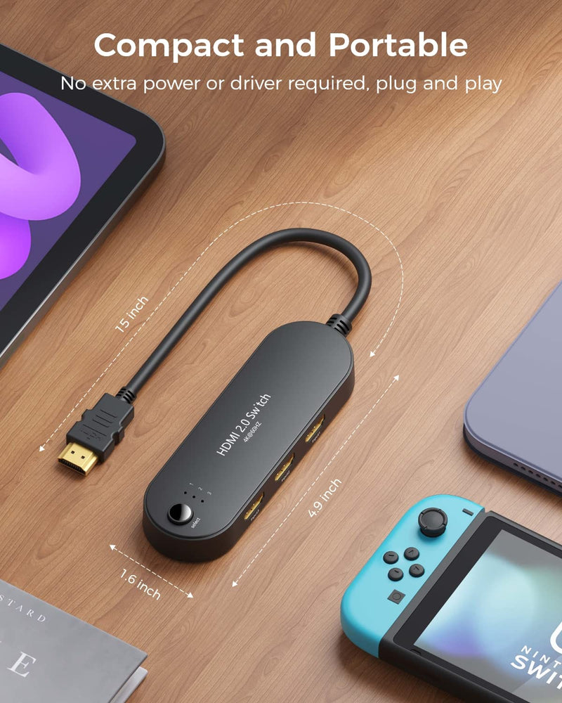 HDMI Switch 4K@60Hz, Vilcome 4K HDMI Splitter 3 in 1 Out, 3 Port Hdmi Switcher Box Supports UHD 3D HDR, Multi Port HDMI Hub Selector for Xbox PS3 4 5 TV Gaming Roku HDTV Fire Stick 1.25FT Cable