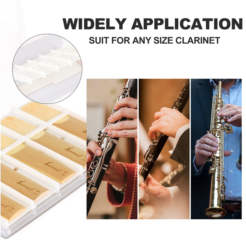 10 Pack Bb Clarinet Reeds with Plastic Box, Strength 2.5 Reeds for Clarinet, Thinner Reed Tip & Unfiled Cut for Easy of Play, Traditional Reeds for Clarinet Beginner and Player Light Brown