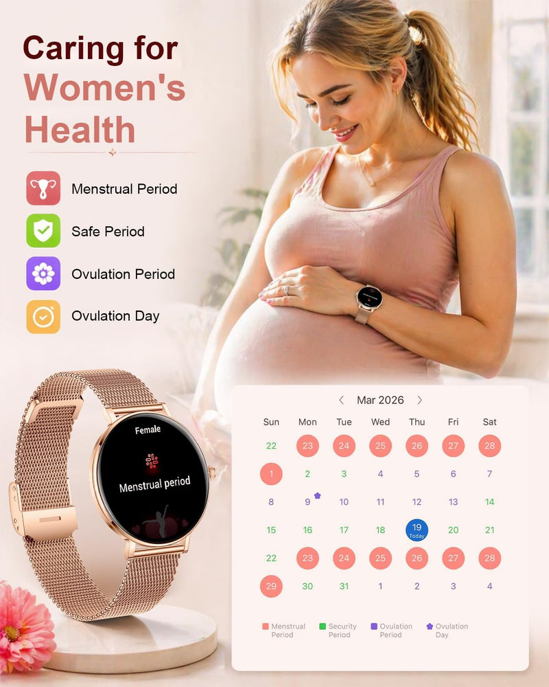 Smart Watches for Women,1.32'' AMOLED Ultra-Thin Smart Watch with Bluetooth Make/Answer Call,Heart Rate/SpO2/Sleep Tracker,120+ Sport Modes IP68 Fitness Watch Android/iOS Compatible,4 Straps,Rose Gold Rose Gold(4 Bands)