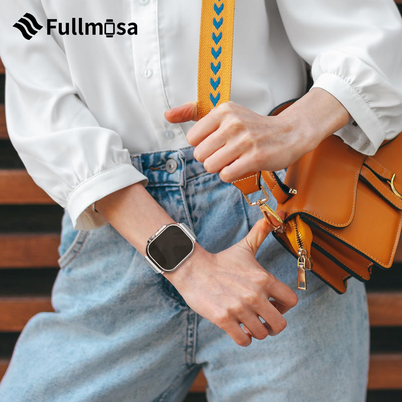 Fullmosa Compatible Metal No tools needed Apple Watch Band 44mm/45mm/42mm Blue with Case & Compatible Leather Apple Watch Band 44mm/45mm/42mm,Off-White