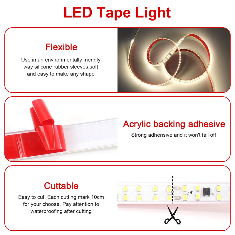 [AUSTRALIA] - LED Strip Lights Outdoor Waterproof 16.4FT AC 110 Volts Cuttable LED Light 5M 240LEDs/m 4000K with Adhesive Double LED Bead Lighting for Bedroom Indoor Patio Christmas Decor White 4000K 