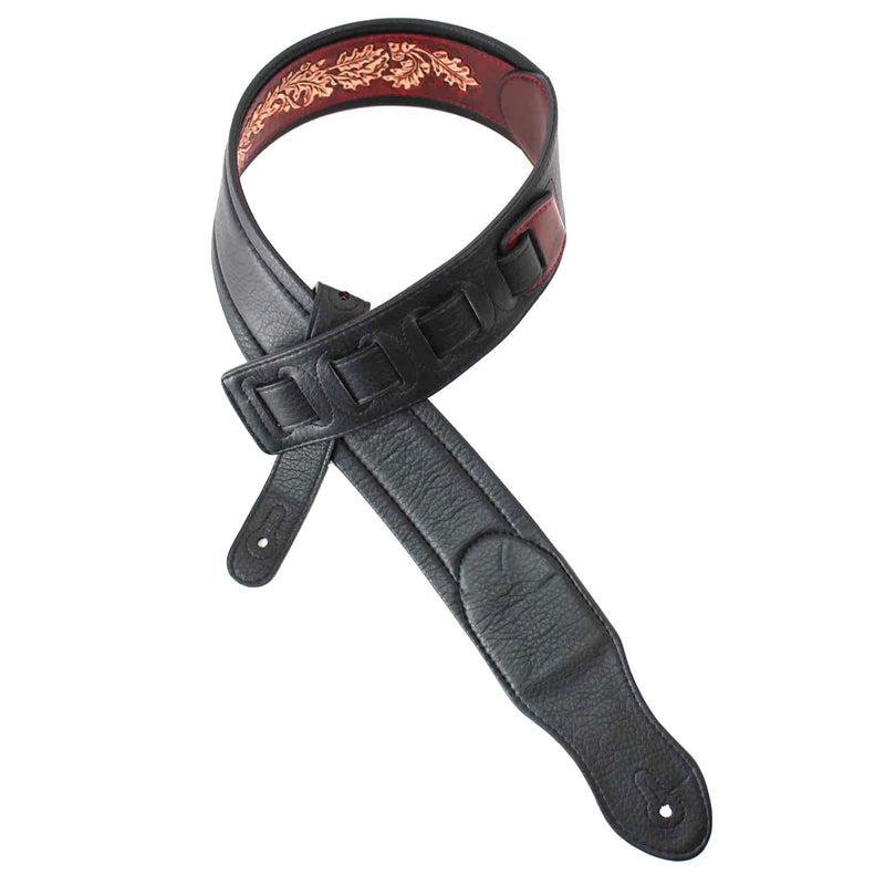 Walker & Williams KB-03-RB Mahogany Brown Full Grain Center Block Carved Leather Padded Guitar Strap With American Eagle & Oak Leaves For Acoustic, Electric, And Bass Guitars