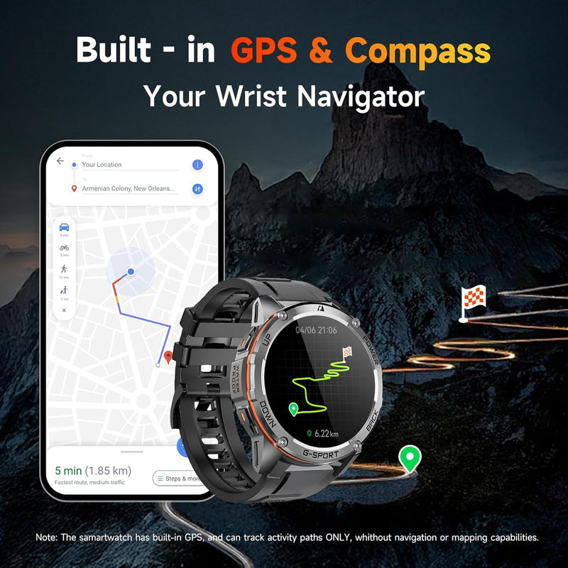 GPS Military Smart Watches for Men - Military Grade, 6-Satellite Positioning, 800mAh 30-Day Battery, 5ATM Waterproof Rugged Fitness Watch for Outdoor Tactical Use 1.43" AMOLED Rugged Fitness Watch