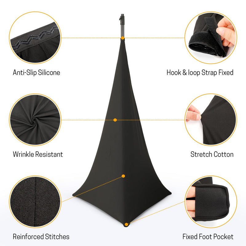 2 Pcs Speaker Stand Cover 360 Degree Black Speaker Skirt Cover DJ Tripod Stretchable Scrim with Storage Bag for Stage Gig Party Wedding Banquet
