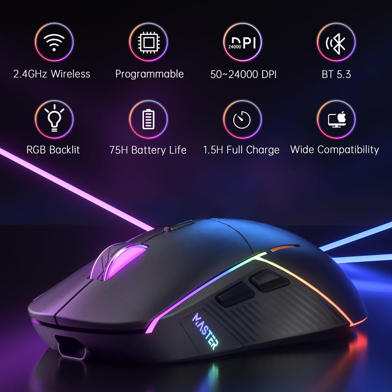 FFJ Wireless Gaming Mouse, 24000 DPI, Tri-Mode 2.4G/USB-C/Bluetooth 5.3 Gaming Mouse Wireless, RGB Programmable Mouse Gamer, 75Hrs Battery Life, Rechargeable Gaming Mice for PC, Mac, PS5, Xbox-Black Black