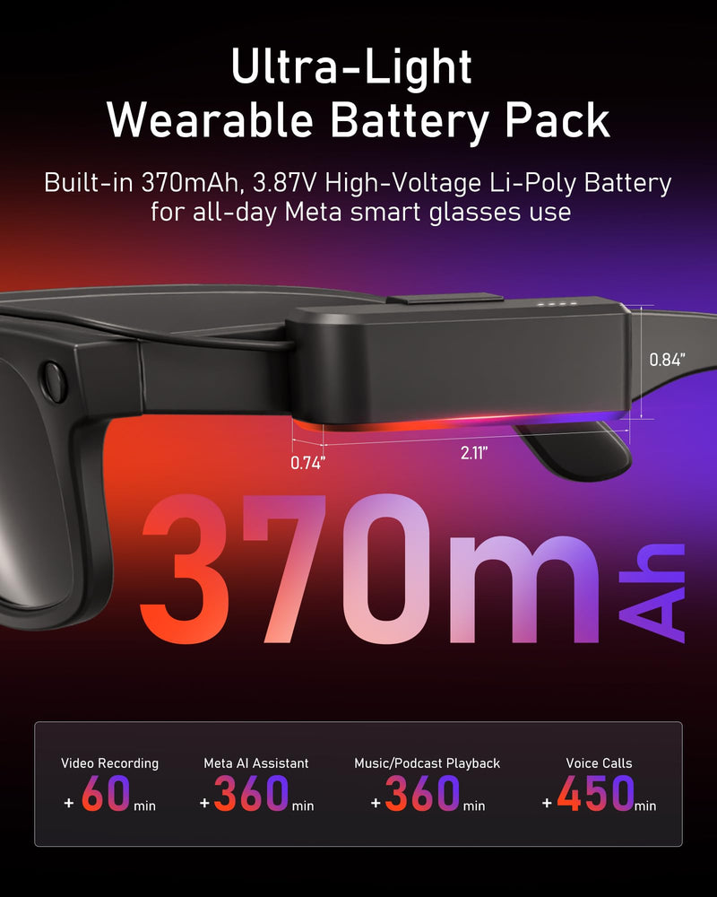 Wearable Battery Pack Charger + USB-C Charging Cable Compatible with Ray-Ban & Oakley Meta Smart Glasses Gen 1 & Gen 2, Ultra-Light Mini Power Bank with Proprietary Handshake Protocol Cable for Wayfar