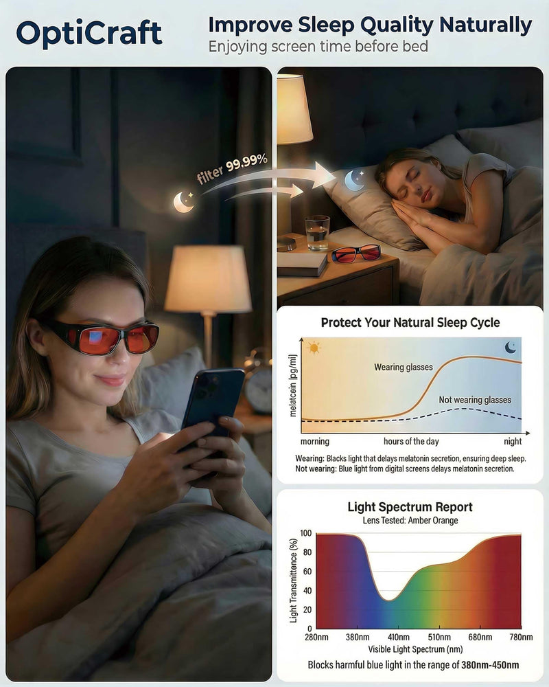 OptiCraft Blue Light Blocking Glasses Wear Over Prescription, Better Sleep | Computer Glasses for Digital Screen, Reduce Eye Strain, Red Lenses Block UV400 and 380-500nm Rays, Light Sensitivity Glasses B01 Black Frame / Amber Lens