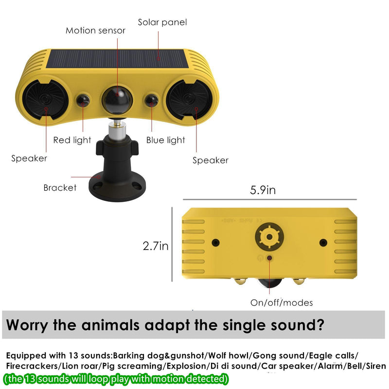 [AUSTRALIA] - HULPPRE Solar Outdoor Motion Sensor Alarm-13 Sounds Including Dog Barking&Gunshot,2*130db Loud Noise Maker,4 Modes,Red&Blue Motion Activated Strobe Light,Say Goodbye to The Intruders 4 modes,13 sounds outdoor alarm 