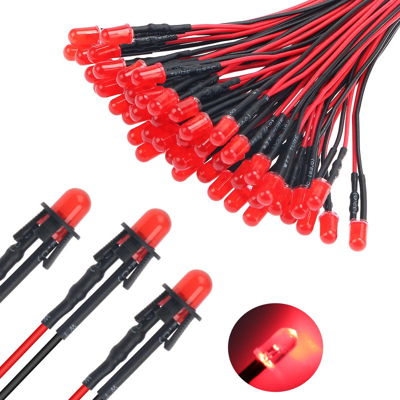 Lyeteung 50 Pieces 5 mm 12 V Pre-Wired LED Diode Light, Red, 5 mm LED Diffuse Emitting Light Diode with 20 cm Cable + 50 Pieces 5 mm Plastic LED Diode Holder 5mm Red Diffuse