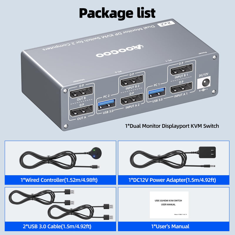 Displayport KVM Switch 2 Computers 2 Monitors, 8K@60Hz/4K@240Hz Dual Monitor KVM Switch for 2 PCs Share 2 Monitors, with 4 USB3.0 Ports, USB Cables and Power Adapter,Grey 12cm DP KVM Grey 12 cm DP 2 in 2 Out