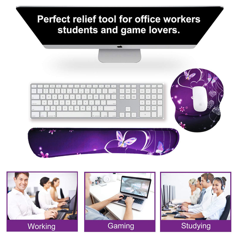 ArtSo Upgraded Wrist Rest Support for Mouse Pad & Keyboard, Ergonomic Gel Mousepad Non-Slip Rubber Base Home ,Office Pain Relief, Easy Typing Cushion Neoprene, Soft Memory Foam, Purple Heart butterfly