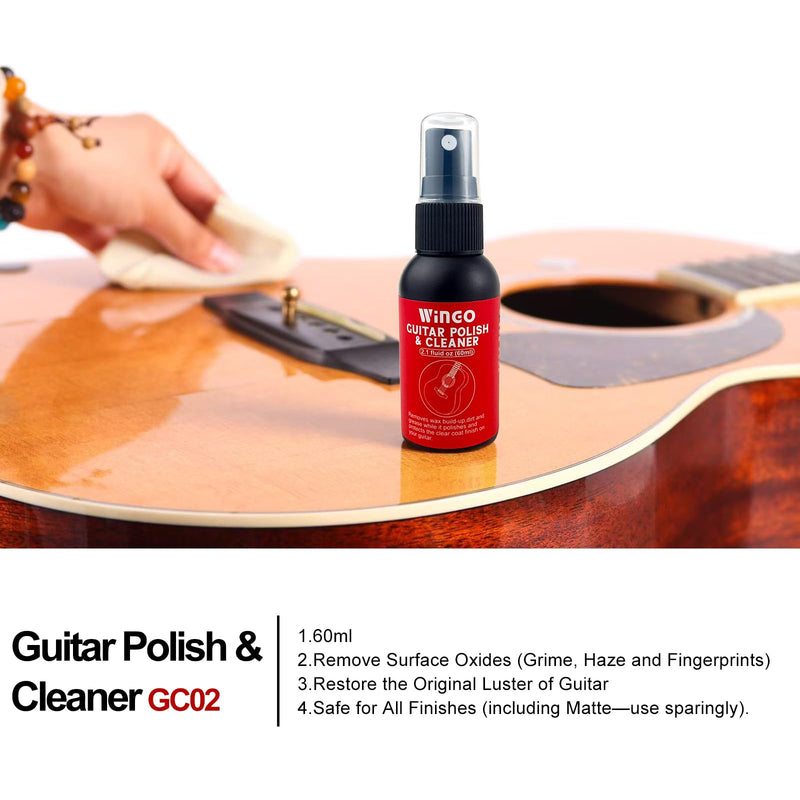 WINGO Guitar Cleaning and Care Kit, Polish and Cleaner, Fretboard Lemon oil, Guitar String-cleaner and Tool Brush, Cleaning Cloth & Brush for Guitar Cleaning and Maintenance.