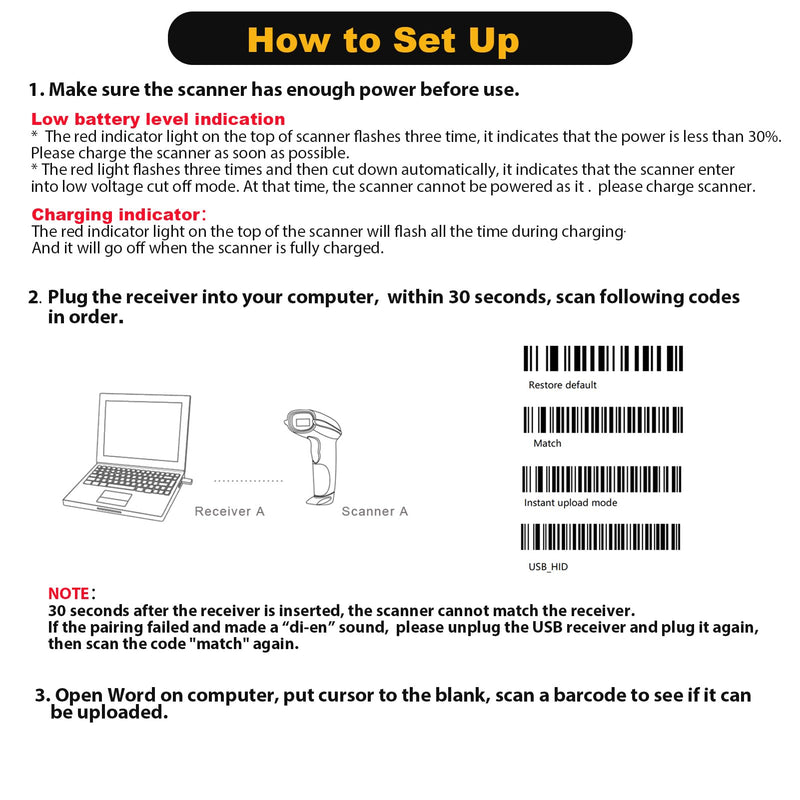 [AUSTRALIA] - NADAMOO Wireless Barcode Scanner 328 Feet Transmission Distance USB Cordless 1D Laser Automatic Barcode Reader Handhold Bar Code Scanner with USB Receiver for Store, Supermarket, Warehouse - Black 