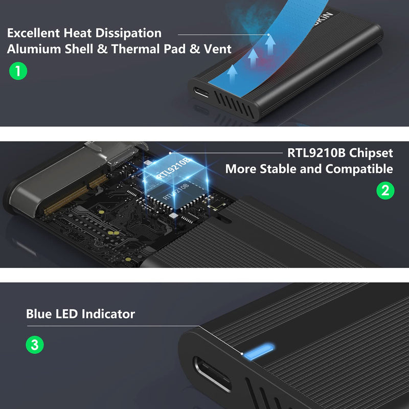MOKiN M.2 NVME SATA SSD Enclosure Adapter Tool-Free, RTL9210B Chips, USB C 3.1 Gen 2 10Gbps NVME, 6Gbps SATA PCIe M-Key(B+M Key), External Solid State Drive Support UASP Trim for 2242/2260/2280 SSD