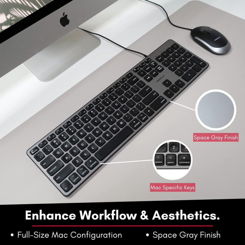 Macally Backlit Mac Keyboard Wired - Quiet, Sleek, and Functional - 3 Brightness Levels, 107 Keys - 5ft USB Wired Apple Keyboard - Backlit Wired Keyboard for Mac, iMac, MacBook Pro/Air - Space Gray