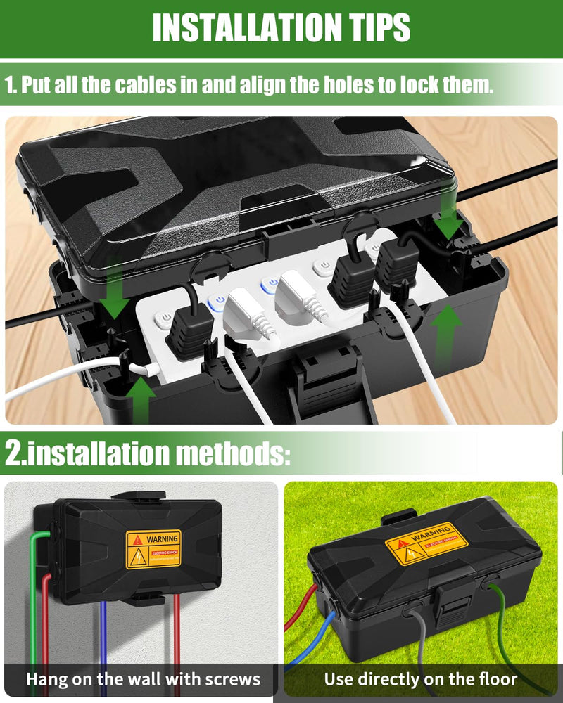 Waterproof Cable Box, 26.1 x 15 x 9.4 cm, Outdoor Cable Safe Box, Cable Box, Cable Box, 6 Cable Inputs and Outputs, Weatherproof Connection Box Covers, Protect Socket, Timer, Holiday Light, Black black + 26 x 15 x 9.4 cm