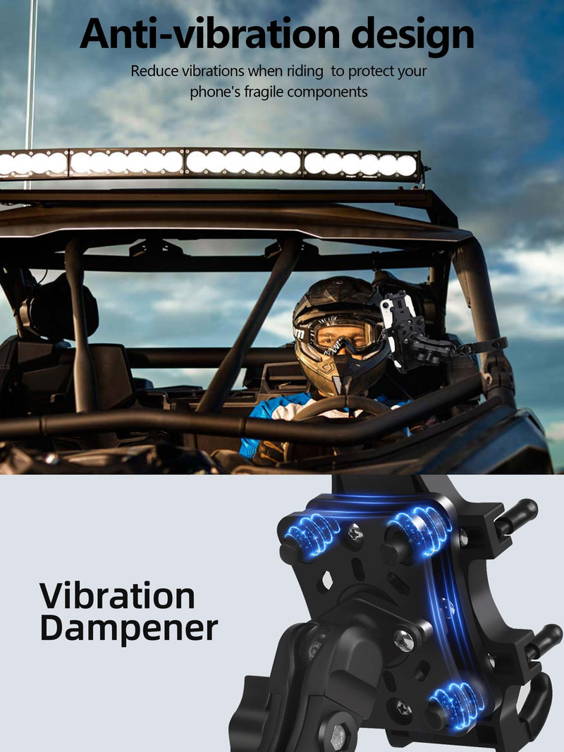 ZIDIYORUO Anti-Shake UTV Phone Mount Holder with Vibration Dampener | Heavy Duty Aluminum SXS Cell Phone Holder Fit for 1.75"-2" Roll Cage, Adjustable & Full Protection, Holds 4.7"-7.1" Phones