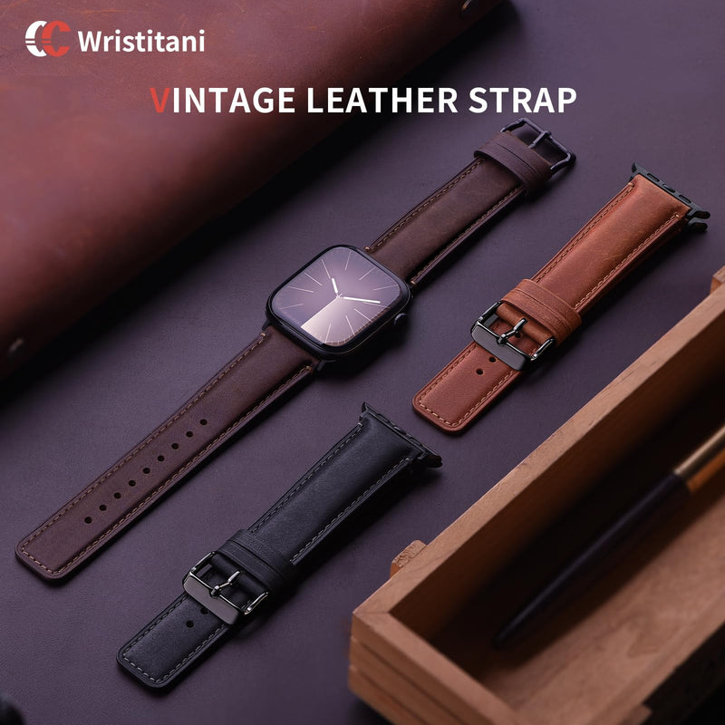Wristitani 3 Pack Genuine Leather Bands Compatible With Apple Watch | Fit size 49/46/45/44/42/41/40mm,Series 11 10 9 8 7 6 5 4, Ultra 3/2/1,SE 3/2/1 ,Leather Replacement Straps for Men Black+Black Buckle/Dark Coffee+Black Buckle/Dark Brown+Black Buckle