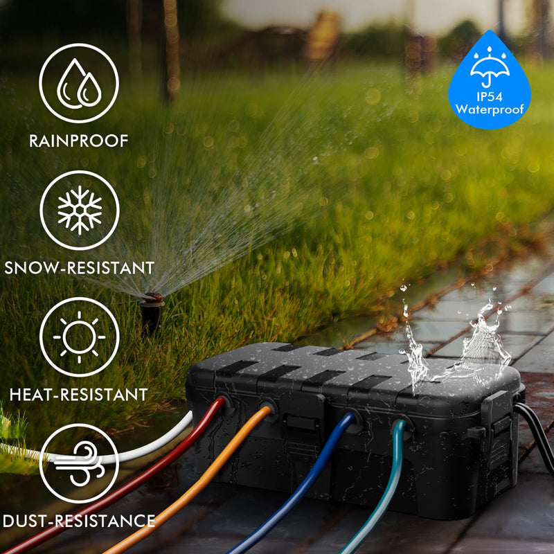 RESTMO Outdoor Electrical Box, IP54 Weatherproof Extension Cord Cover with 6 Cable Entry Ports, Waterproof Connection Box Protect Power Strip, Timer, Plug, Holiday Lights, (11.5x5.2x4 inch), Black 1 Pack