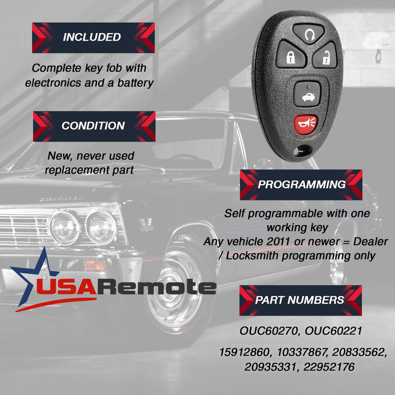 Key Fob Keyless Entry Remote with Ignition Key fits Cadillac DTS/Chevy Impala Monte Carlo 2006 2007 2008 2009 2010 2011 2012 2013 g-860 46-key