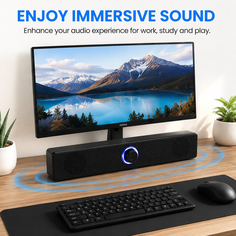 Computer Speakers USB Powered Wired Stereo with Illuminated Volume Knob and 3.5mm Aux Plug for PC Desktop Laptop Office with Clear Audio Easy Setup and Portable Design Black