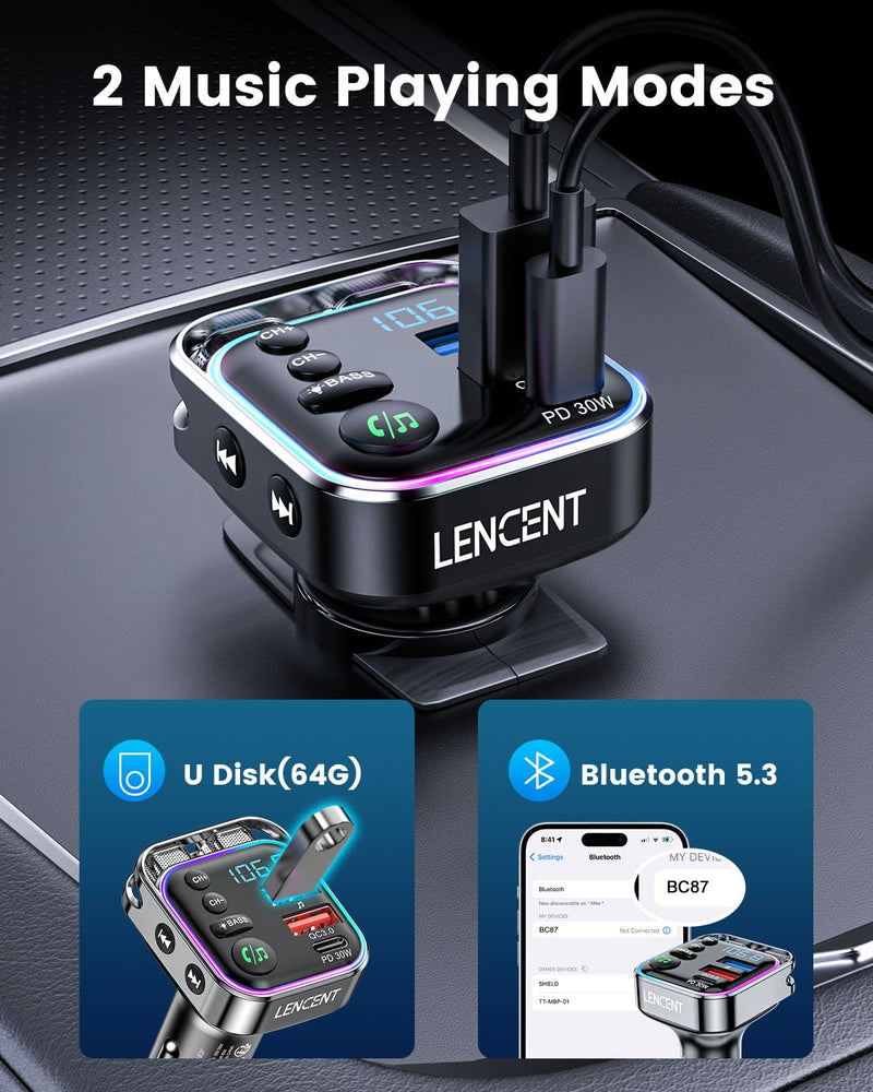 [AUSTRALIA] - LENCENT Bluetooth 5.3 FM Transmitter Car Adapter 48W (PD30W & QC18W) Fast Charger, Light Switch, HiFi Bass Sound Audio Receiver Wireless Radio MP3 Music Player, Hands-Free Calling, Support USB Drive 