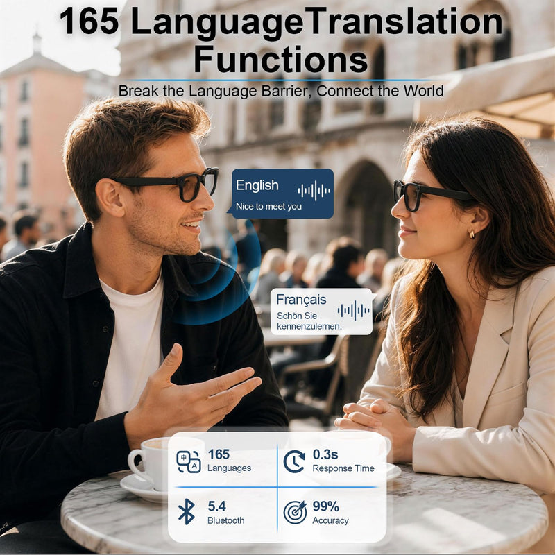 AI Smart Glasses with Camera, 8MP HD Capture 1080P EIS Video & ChatGPT | AI Sunglasses, Hands-Free Video & Photo, 165-Language Real-Time Translate, Dual Open-Ear Speakers, for Travel/Work/Daily