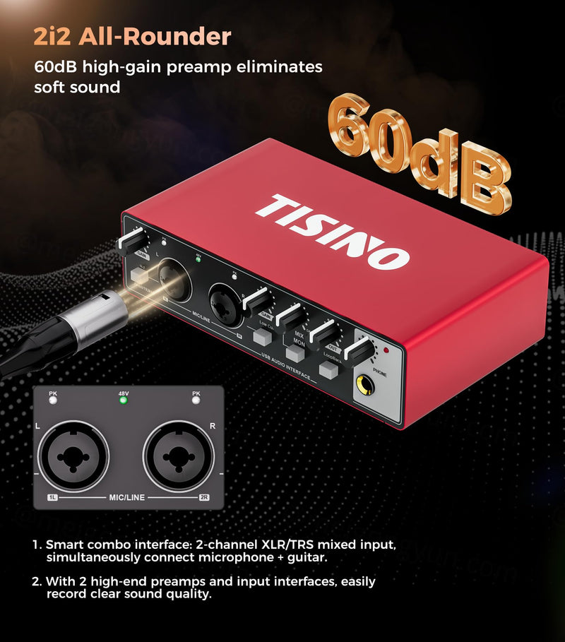TISINO Audio Interface 2i2-24Bit/192kHz, USB Audio Interface for Recording, Songwriting, Streaming and Podcasting, Plug & Play Studio Interface with 48V Phantom Power, PC/Mac/iOS Compatible,RED Classic Red