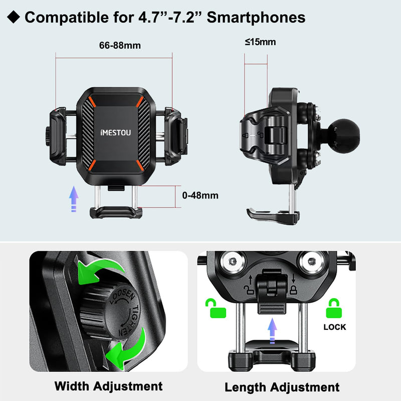 iMESTOU Motorcycle Wireless USB C Phone Mount Anti-Vibration, Anti-Theft 1" Ball Qi Phone Mount Suitable for 5.2"-7.2" Up to 15mm Thick Phones, Fits for 22-32mm Handlebars, Works with 12-24V Vehicles