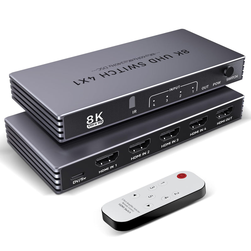 HDMI Splitter 4K 240Hz HDMI Switcher 4 in 1 Out - 8K60Hz 4K240Hz Hdmi Switch with Remote HDR10+ HDMI2.1 3D CEC HDR HDCP2.3, Add Extra hdmi Ports for TV PS5/4/3 Xbox DVD Player Nintendo PC Fire Stick