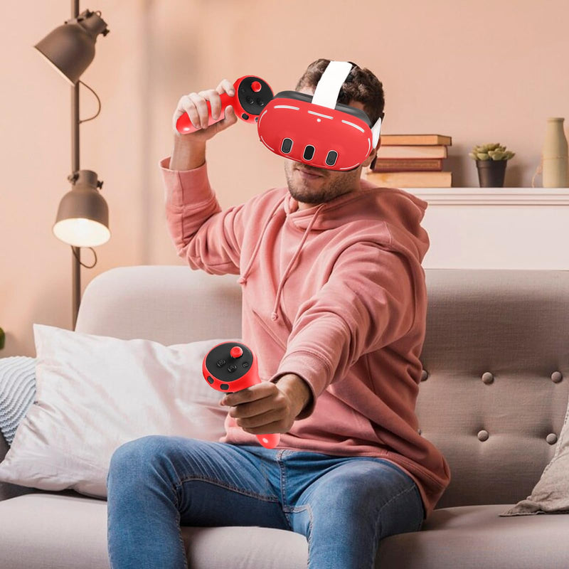 MEGREZ VR Silicone Cover Set Compatible with Oculus/Meta Quest 3, Quest 3 Accessories Protective Cover includes Face Cover, Headset Shell Cover, Protective Lens Cover, Controller Grips, Red