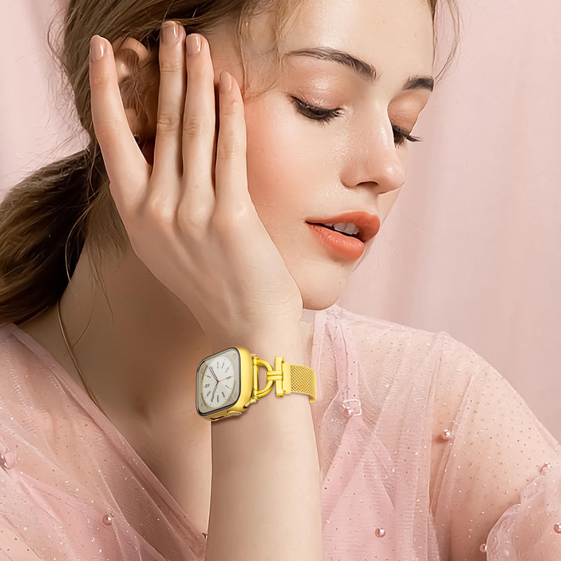 for Apple Watch Bands 41mm with Screen Protector Case, Stainless Steel Magnetic Clasp Apple Watch Bands for Women, with D-shaped Connector for iWatch Bands Series 9 8 7 (Gold, 41mm) C - Gold