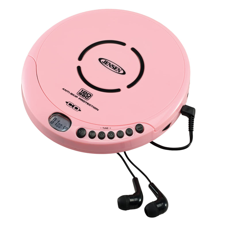 Jensen Portable CD-120 Portable Personal CD Player Compact 120 SEC Anti-Skip CD Player – Lightweight & Shockproof Music Disc Player & FM Radio Pro Sport-Earbuds for Kids & Adults (Pink) Pink