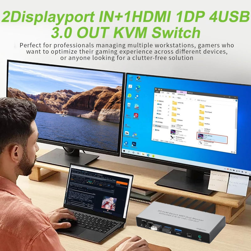 Dual Monitor Displayport KVM Switch 2 Monitors 2 Computers 4K 60Hz HDMI+DP 4 USB3.0 KVM Switcher 2DP in HDMI+DisplayPort Output KVM Switcher for 2 PC Sharing Keyboard Mouse Mic and Audio Output (Gray) Gray