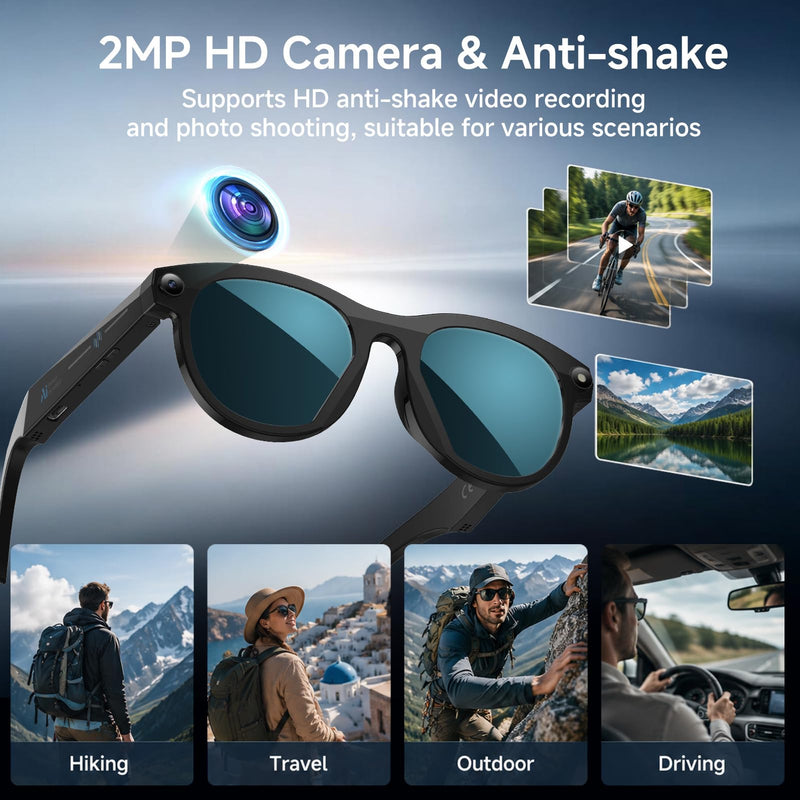 KPEP Ai Smart Glasses with 2MP Camera, HD Video Recording, Photo Taking | Bluetooth Calls Answer, Open-Ear Audio, Voice Assistant, Object Recognition, Real-time Translation, Ai Glasses with 2 Lenses Black