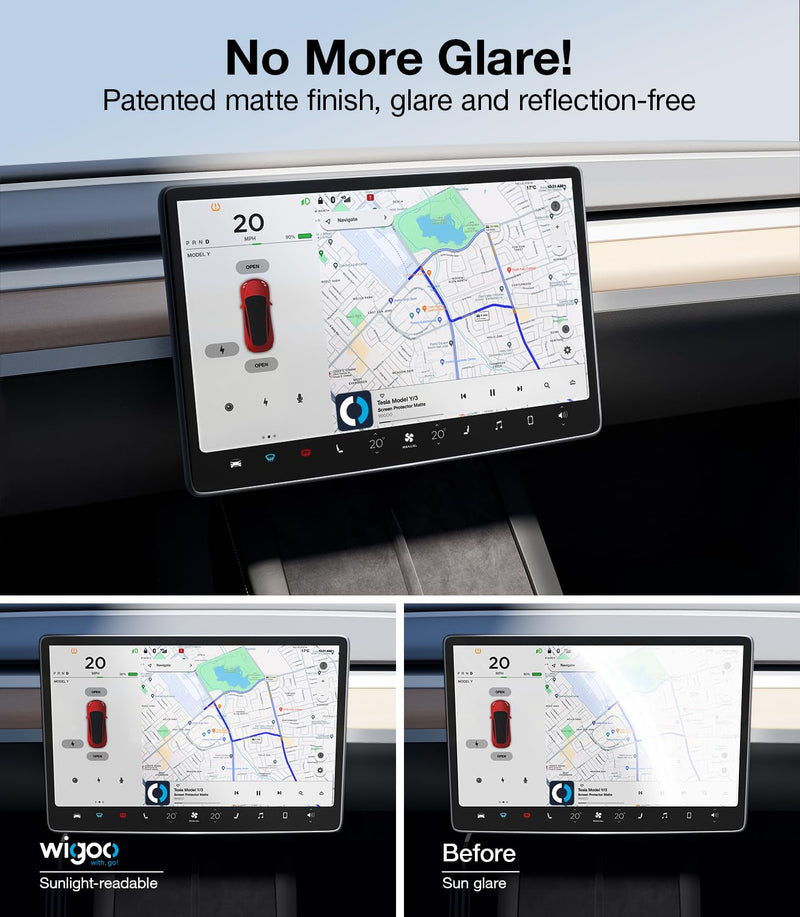 2024 Upgrade Tesla Model Y /3 Accessories Screen Protector Matte [No More Glare & Fingerprint] 9H Tempered Glass Protector for Model Y(2020~2024) Model 3(2017~2023) - Mounting Frame Kit